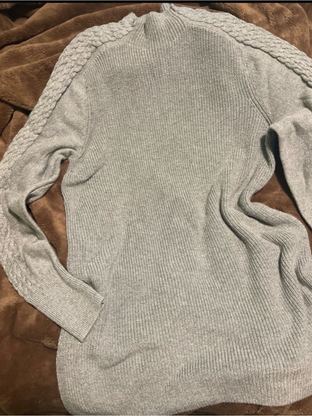 Banana Republic Light Gray Ribbed Turtleneck Sweater with Cable Shoulders